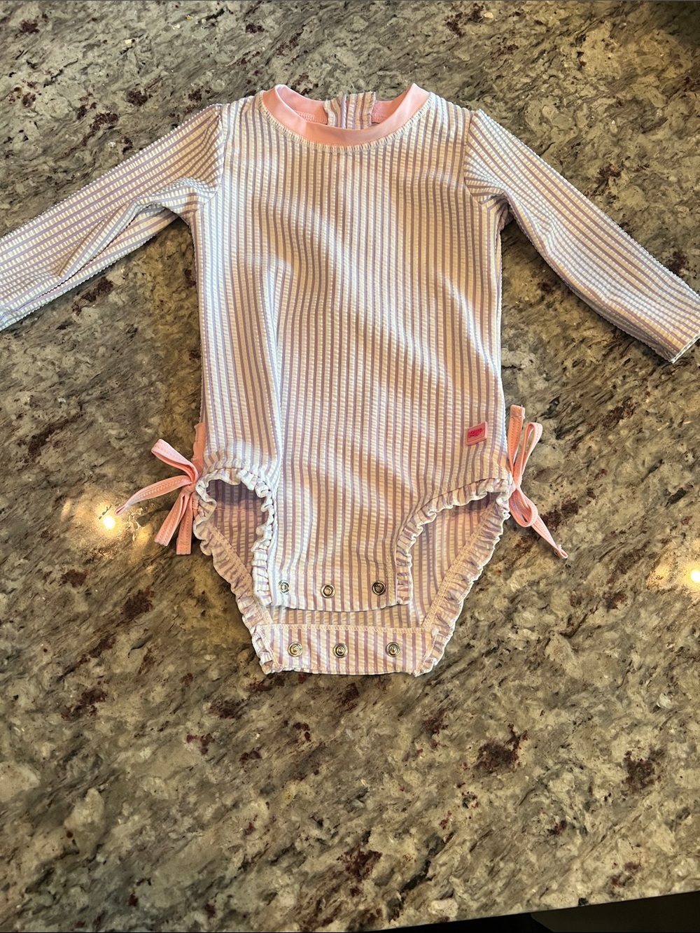 Rufflebutts Pink Striped Long-Sleeve Baby Rash Guard Swimsuit